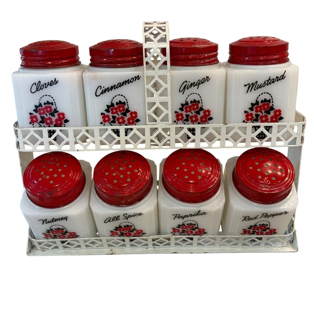 Vintage TIPP USA Milk Glass Spice Jar Set 8pc Red Lids Floral Basket Rack